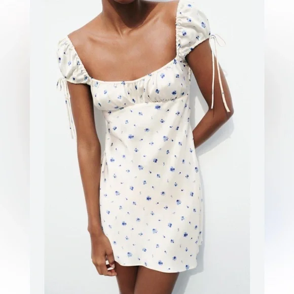 Zara | Dresses | Zara Cream Mini Dress With Blue Floral Print | Poshmark